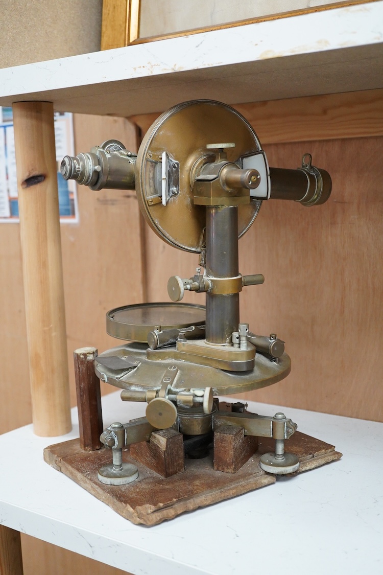 A late 19th century German brass theodolite by Hildebrand, Freiberg, serial number engraved to the centre of the compass, no. 53438, 32cm high